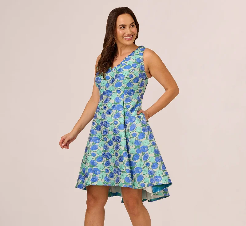 Comfortable spring dresses for all-day wear -Plus Size Sleeveless Tulip Jacquard Fit And Flare Midi Dress In Blue Green Multi