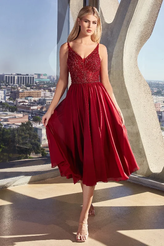 bridesmaid dresses with sequined bodices for sparkle --Beaded Chiffon V-Neck Tea Length Dress by Ladivine CD0225