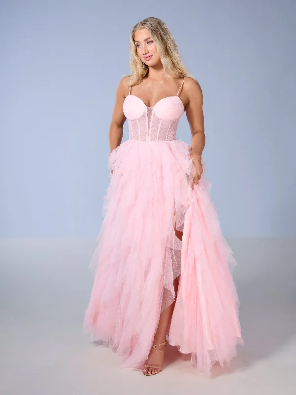 formal dresses for office parties with knee-length cuts --Sleeveless Ruffled Slit Gown by Tiffany Designs 16161