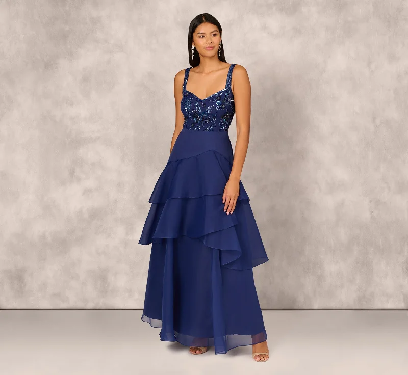 formal dresses for winter balls with faux fur accents --Tiered Organza Gown With Beaded Bodice In Navy formal dresses for winter balls with faux fur accents --Tiered Organza Gown With Beaded Bodice In Navy