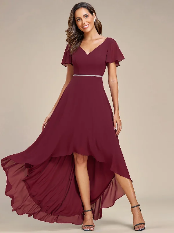 Trendy party dresses with bold prints -High Low Short Sleeve Chiffon Wholesale Evening Dresses Trendy party dresses with bold prints -High Low Short Sleeve Chiffon Wholesale Evening Dresses