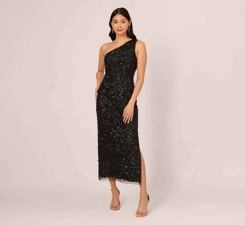 Wedding guest dresses with vintage-inspired designs for a retro look -One Shoulder Sequin Beaded Ankle Length Dress In Black Wedding guest dresses with vintage-inspired designs for a retro look -One Shoulder Sequin Beaded Ankle Length Dress In Black