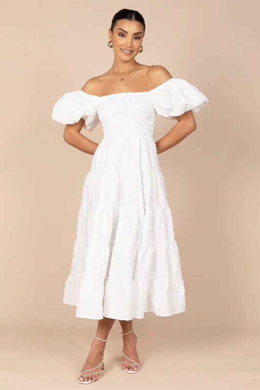 Floral spring dresses for garden parties -Annette Puff Sleeve Shirred Midi Dress - White Floral spring dresses for garden parties -Annette Puff Sleeve Shirred Midi Dress - White