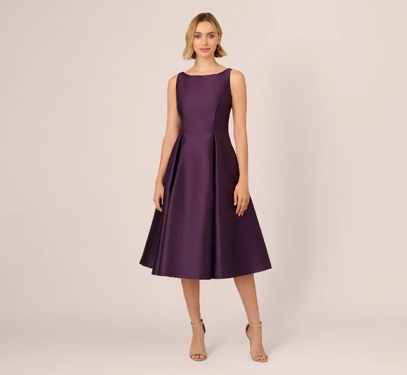 Wedding guest dresses with delicate embroidery for an intricate design -Sleeveless Mikado Fit And Flare Midi Dress With V-Back In Luxe Plum Wedding guest dresses with delicate embroidery for an intricate design -Sleeveless Mikado Fit And Flare Midi Dress With V-Back In Luxe Plum