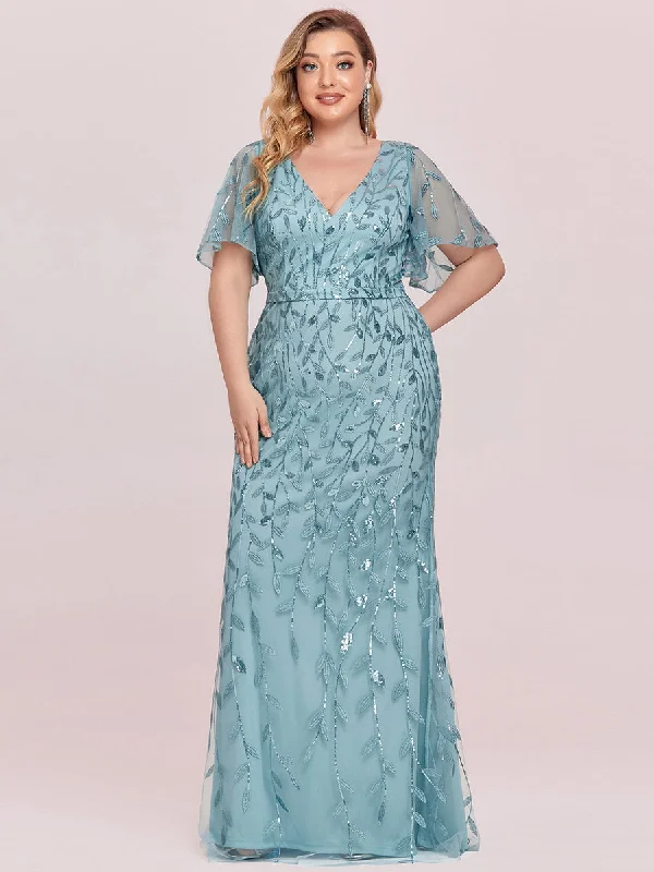Trendy pastel-colored dresses for garden parties -Fashion Plus Size Deep V Neck Wholesale Sequin & Tulle Evening Dress Trendy pastel-colored dresses for garden parties -Fashion Plus Size Deep V Neck Wholesale Sequin & Tulle Evening Dress