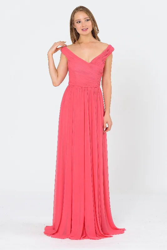Affordable dresses for wedding guests without sacrificing style -Long Ruched Off the Shoulder Dress by Poly USA 8398 Affordable dresses for wedding guests without sacrificing style -Long Ruched Off the Shoulder Dress by Poly USA 8398