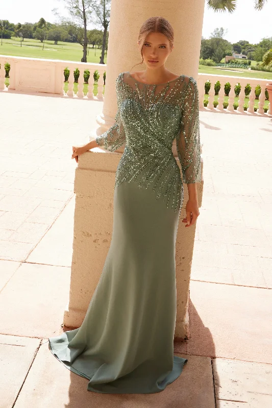 Long wedding guest dresses for formal weddings -Beaded 3/4 Sleeve Gown by Nox Anabel MH137 Long wedding guest dresses for formal weddings -Beaded 3/4 Sleeve Gown by Nox Anabel MH137