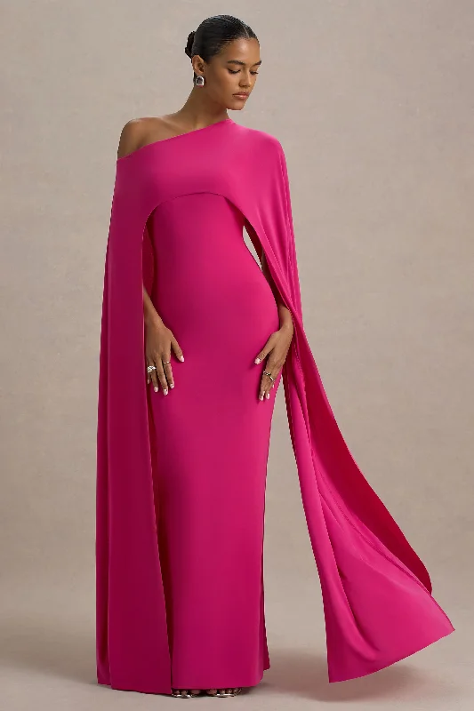 Florentina | Hot Pink One-Shoulder Cape Maxi Dress