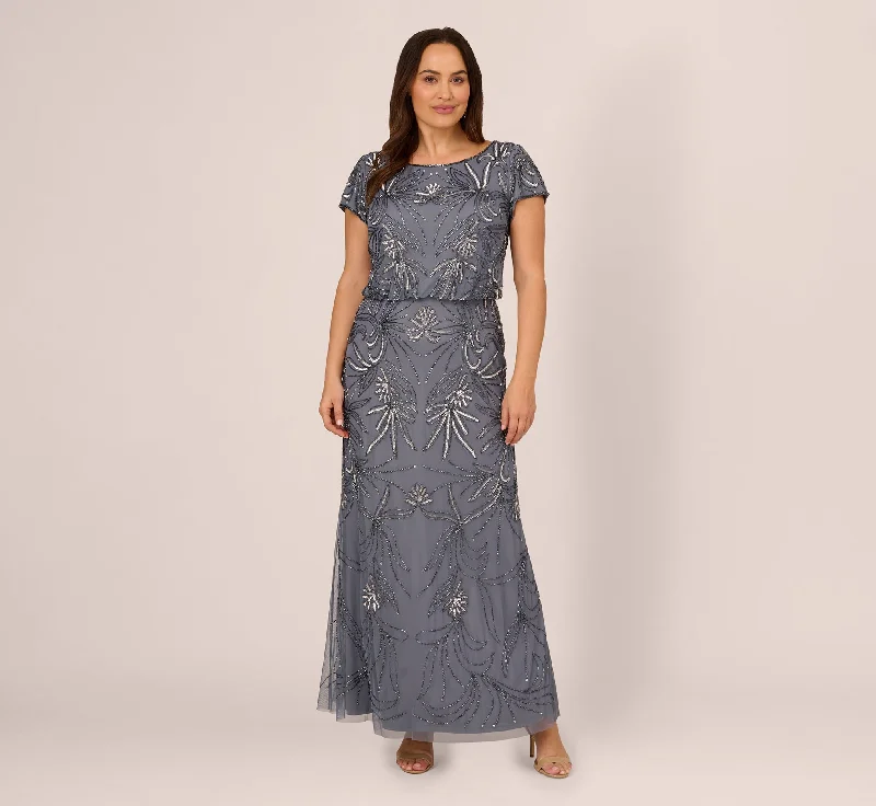 formal dresses with mesh sleeves for subtle coverage --Plus Size Long Beaded Blouson Dress In Dusty Blue formal dresses with mesh sleeves for subtle coverage --Plus Size Long Beaded Blouson Dress In Dusty Blue
