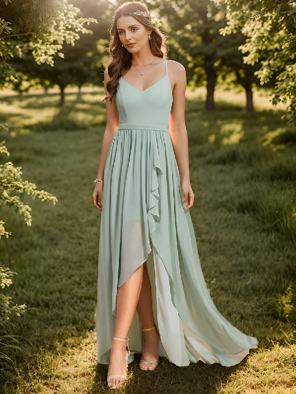 Elegant bohemian party dresses for relaxed events -Spaghetti Straps Slit A-Line Wholesale Chiffon Bridesmaid Dress With Ruffle Detail Elegant bohemian party dresses for relaxed events -Spaghetti Straps Slit A-Line Wholesale Chiffon Bridesmaid Dress With Ruffle Detail