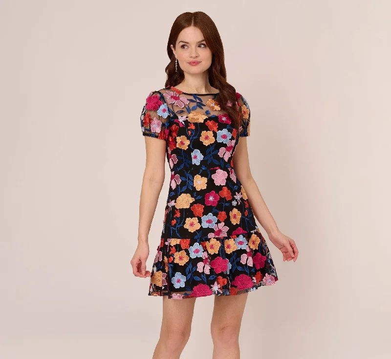 Spring dresses for formal spring galas and parties -Floral Embroidered Flounce Dress With Sheer Short Sleeves In Black Multi
