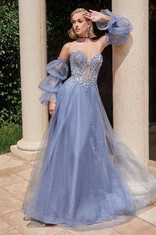 cocktail dresses with mesh necklines for modern appeal --Beaded Strapless Puff Sleeve Tulle Gown by Ladivine CD830 cocktail dresses with mesh necklines for modern appeal --Beaded Strapless Puff Sleeve Tulle Gown by Ladivine CD830