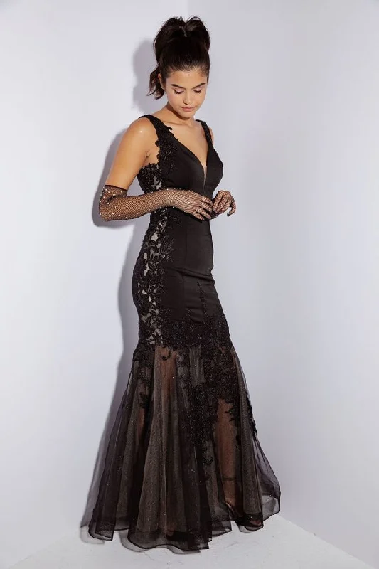 cocktail dresses with lace trims for delicate accents --Satin Glitter Tulle Fitted V-Neck Gown by Eureka 9060