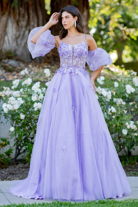 cocktail dresses with high-low hemlines for unique styles --3D Floral Puff Sleeve A-line Gown by Cinderella Couture 8130J