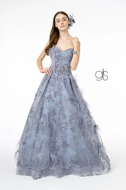 How to choose wedding guest dresses based on the venue -Feather Embellished Strapless Ball Gown by Elizabeth K GL1834 How to choose wedding guest dresses based on the venue -Feather Embellished Strapless Ball Gown by Elizabeth K GL1834