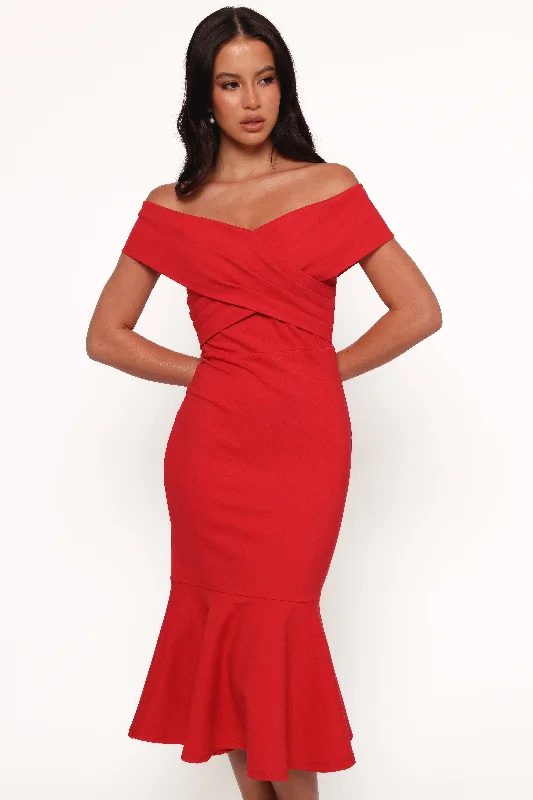 formal dresses with satin fabric for smooth finish --Dailene Midi Dress - Red
