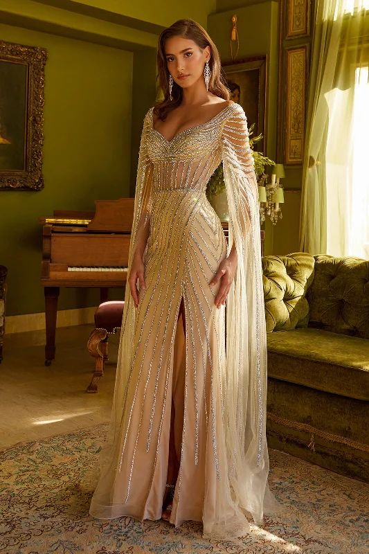 cocktail dresses with sequin skirts for party nights --Beaded Cape Sleeve Slit Gown by GLS Gloria GL3624