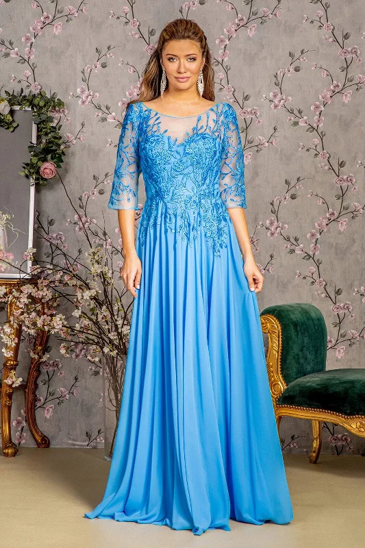 Trendy wrap dresses for wedding guests in warmer weather -Bead Embroidered 3/4 Sleeve A-line Gown by GLS Gloria GL3445 Trendy wrap dresses for wedding guests in warmer weather -Bead Embroidered 3/4 Sleeve A-line Gown by GLS Gloria GL3445