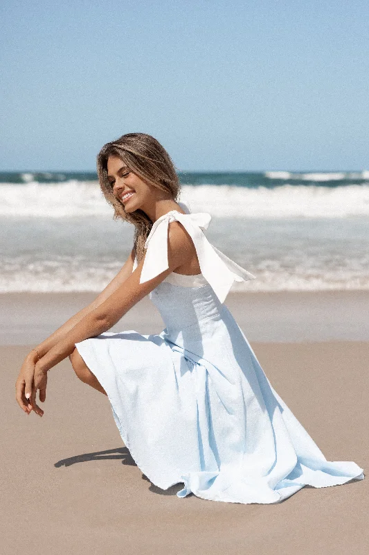 Party dresses for summer weddings -Olinda Midi Dress - Pale Blue/White