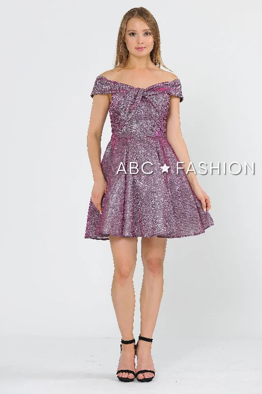 Dressy cocktail dresses for semi-formal events -Metallic Glitter Short Off the Shoulder Dress by Poly USA 8356 Dressy cocktail dresses for semi-formal events -Metallic Glitter Short Off the Shoulder Dress by Poly USA 8356