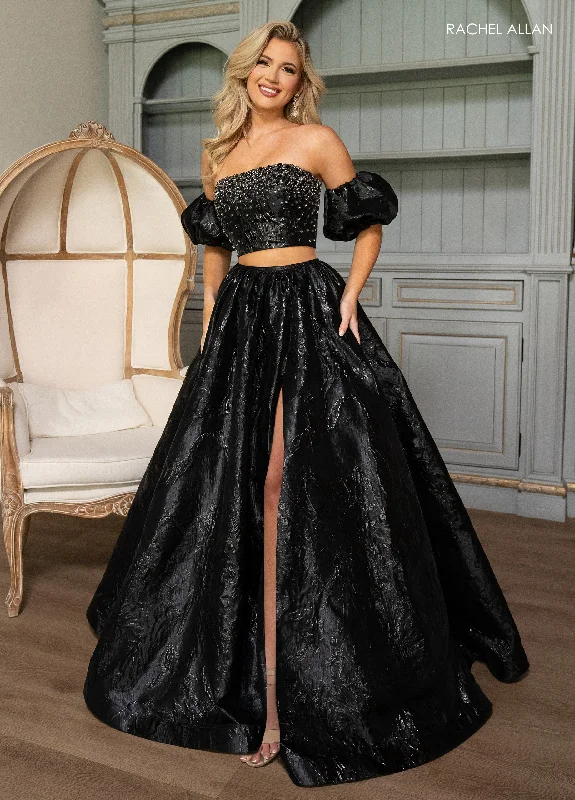 cocktail dresses with satin fabric for smooth texture --Jacquard 2-Piece Puff Sleeve Gown by Rachel Allan 70707