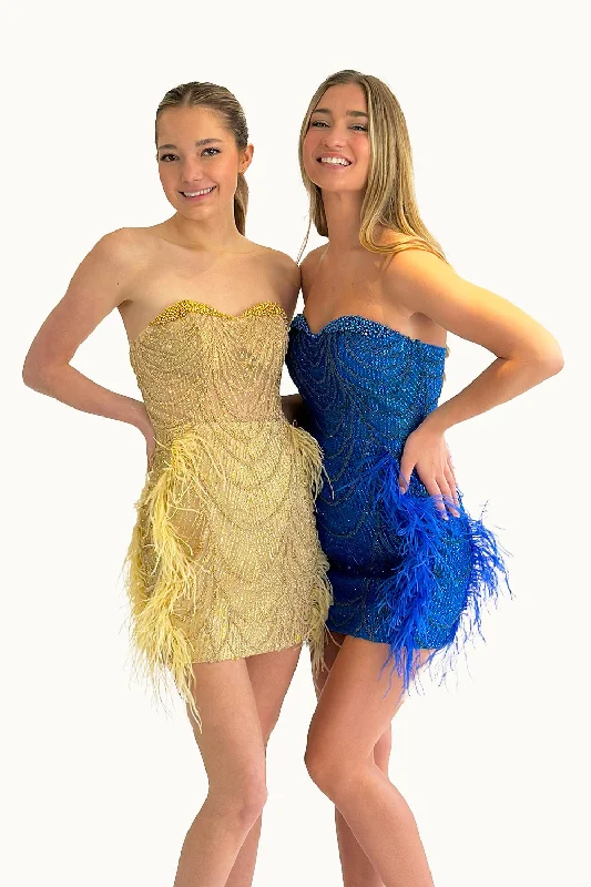 Graduation dresses with a wrap-around style for an elegant fit -Fitted Short Strapless Feather Dress by Lucci Lu 4217 Graduation dresses with a wrap-around style for an elegant fit -Fitted Short Strapless Feather Dress by Lucci Lu 4217