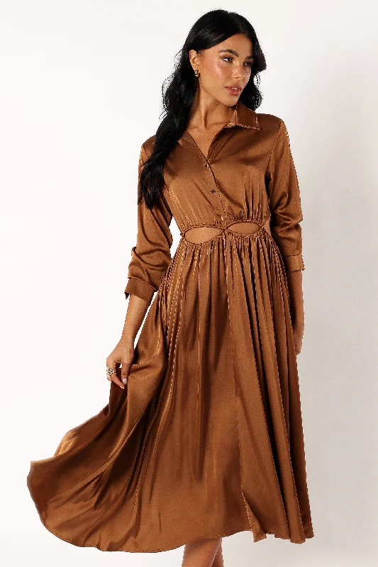 cocktail dresses with open shoulder designs for summer --Jett Long Sleeve Midi Dress - Bronze cocktail dresses with open shoulder designs for summer --Jett Long Sleeve Midi Dress - Bronze