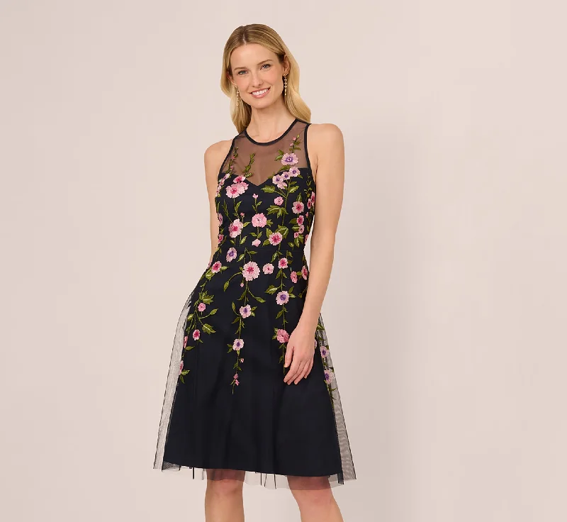 Sophisticated wedding guest dresses with a structured silhouette -Floral Embroidered Illusion Midi Dress In Midnight Multi Sophisticated wedding guest dresses with a structured silhouette -Floral Embroidered Illusion Midi Dress In Midnight Multi