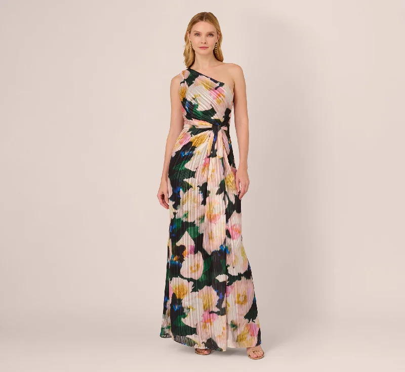 formal dresses for holiday balls with metallic accents --Floral Print Chiffon Gown With One Shoulder Neckline In Black Blush Multi