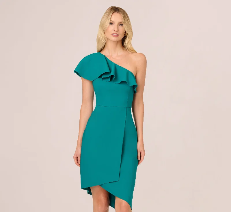 Wedding guest dresses with off-shoulder designs for a romantic touch -One Shoulder Stretch Crepe Short Dress In Deep Emerald