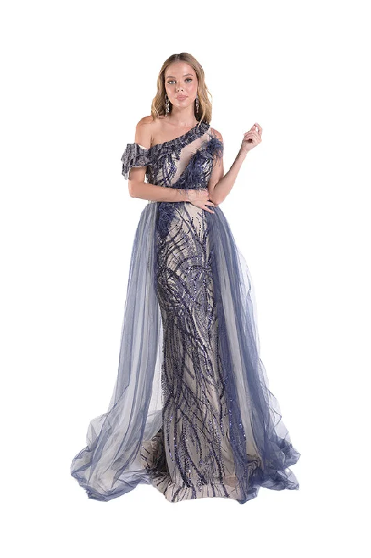 cocktail dresses with mesh sleeves for subtle coverage --Feather One Shoulder Overskirt Gown by Lucci Lu C8058 cocktail dresses with mesh sleeves for subtle coverage --Feather One Shoulder Overskirt Gown by Lucci Lu C8058