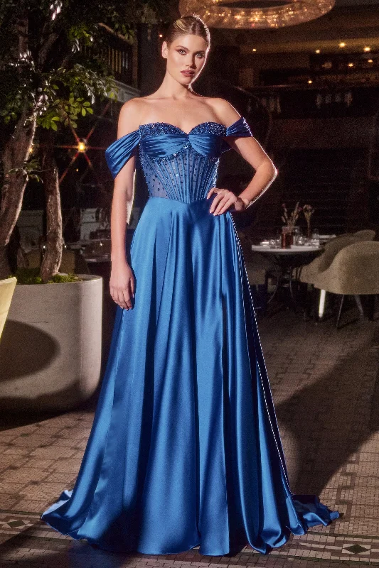 cocktail dresses with wrap fronts for flattering fit --Satin Off Shoulder A-line Slit Gown by Ladivine CD297 cocktail dresses with wrap fronts for flattering fit --Satin Off Shoulder A-line Slit Gown by Ladivine CD297