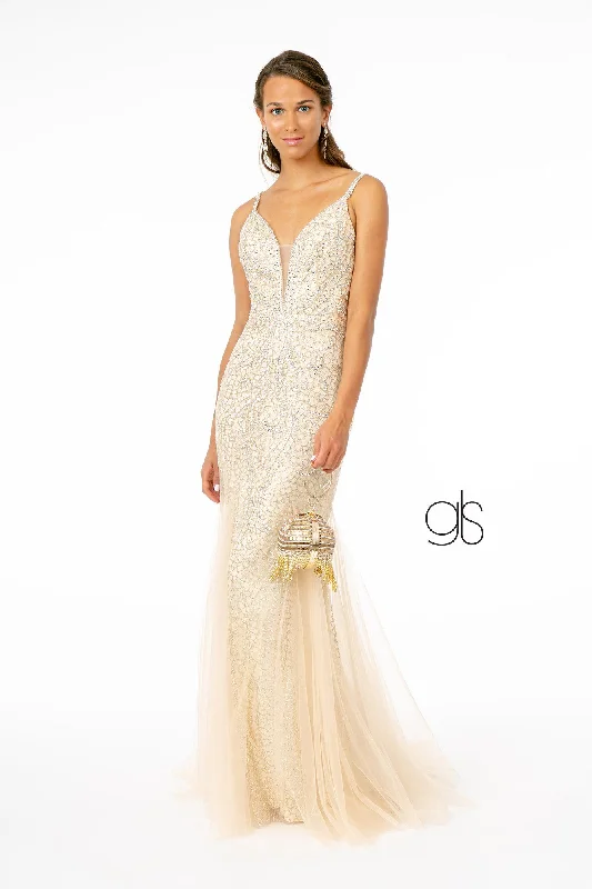 Wedding guest dresses with vintage flair for a throwback vibe -Beaded Long Deep V-Neck Mermaid Dress by Elizabeth K GL1842 Wedding guest dresses with vintage flair for a throwback vibe -Beaded Long Deep V-Neck Mermaid Dress by Elizabeth K GL1842