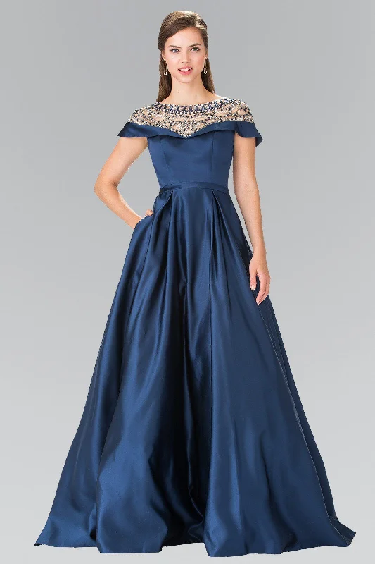 cocktail dresses with beaded bodices for sparkle --Long Navy Blue Bead Embellished Gown by Elizabeth K GL2215