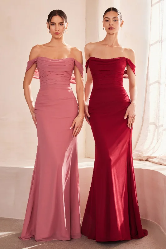 bridesmaid dresses with floral appliques for romantic look --Chiffon Fitted Off Shoulder Gown by Amoris T705 bridesmaid dresses with floral appliques for romantic look --Chiffon Fitted Off Shoulder Gown by Amoris T705