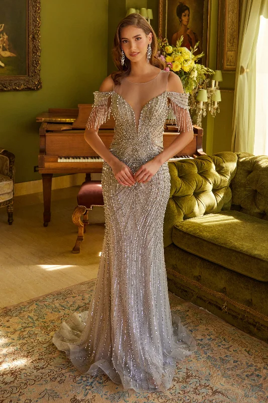 cocktail dresses with mesh necklines for modern appeal --Off Shoulder Fringe Gown by GLS Gloria GL3593 cocktail dresses with mesh necklines for modern appeal --Off Shoulder Fringe Gown by GLS Gloria GL3593