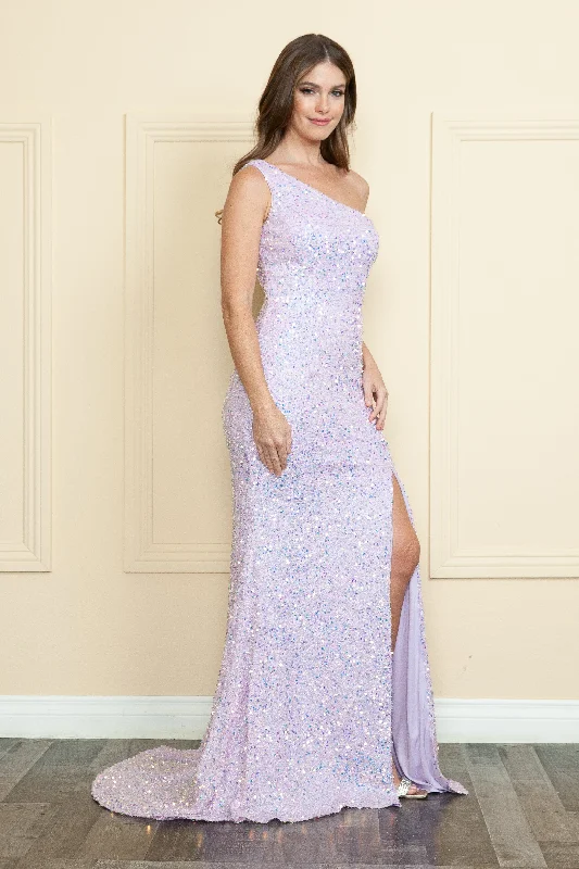 Long sleeve wedding guest dresses for cooler weather -Fitted One Shoulder Sequin Dress by Poly USA 8874