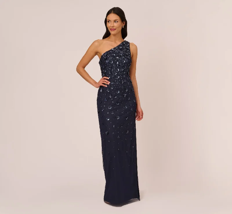 formal dresses with built-in shapewear for smooth figure --3D Floral Hand-Beaded One-Shoulder Long Column Gown In Dusty Navy