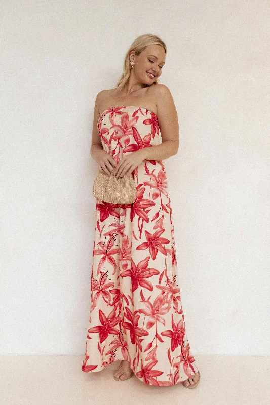 Wedding guest dresses for casual yet chic evening affairs -Lani A Line Strapless Maxi Dress - Pink Floral Wedding guest dresses for casual yet chic evening affairs -Lani A Line Strapless Maxi Dress - Pink Floral