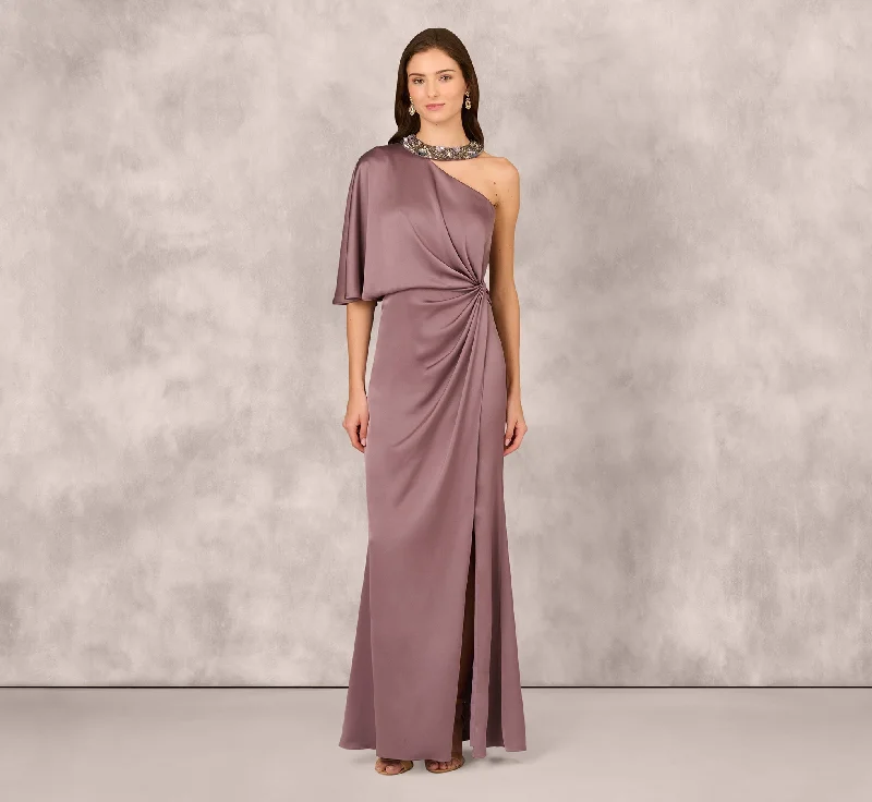 formal dresses for bridesmaids in matching pastel colors --Crepe Back Satin One Shoulder Long Dress In Moonstone