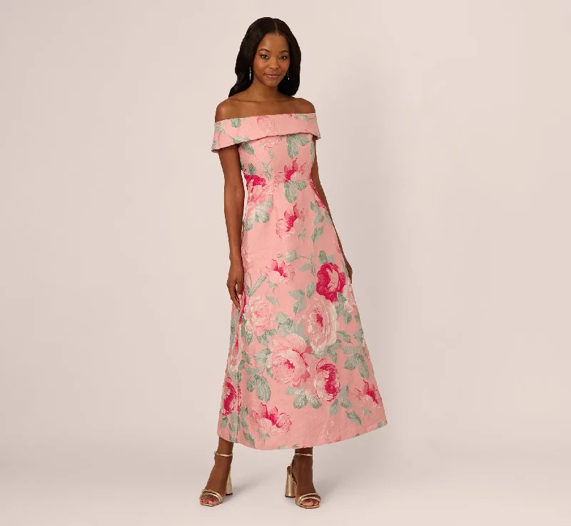  Off Shoulder Floral Jacquard Fit And Flare Gown In Pink Multi