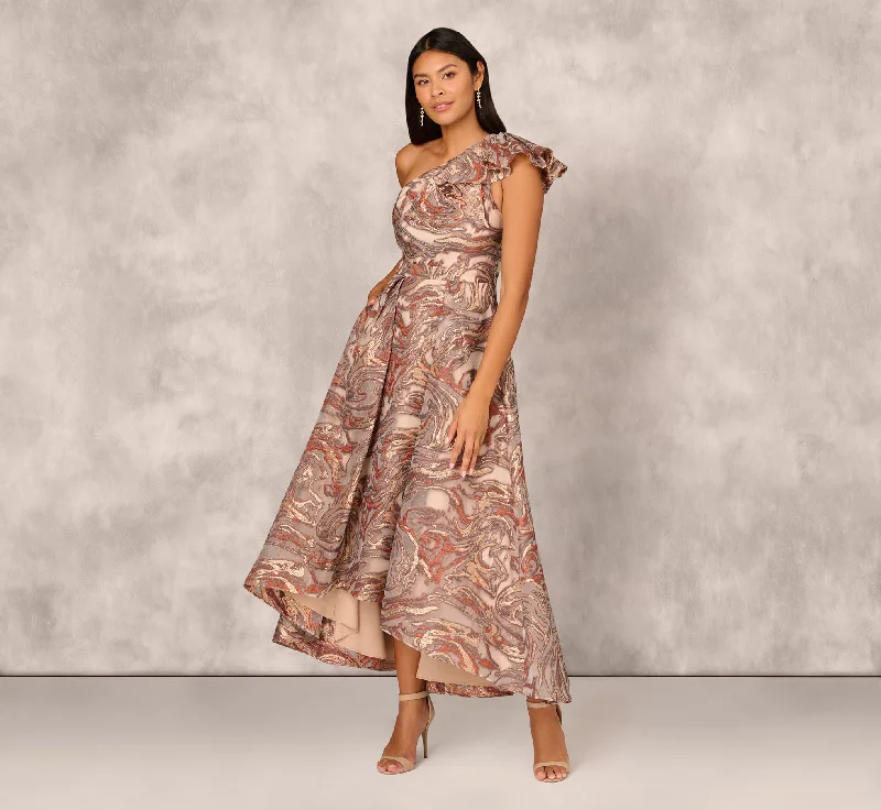 Best wedding guest dresses for chic and modern events -Clipped Jacquard High Low Gown With Ruffle One Shoulder Neck In Rust Multi Best wedding guest dresses for chic and modern events -Clipped Jacquard High Low Gown With Ruffle One Shoulder Neck In Rust Multi