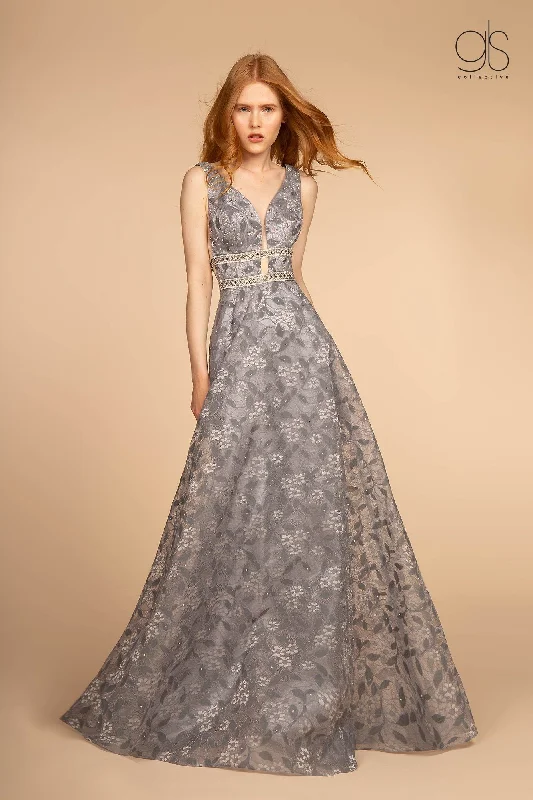 cocktail dresses with satin belts for waist definition --Floral Lace Long Illusion V-Neck Dress by Elizabeth K GL2580