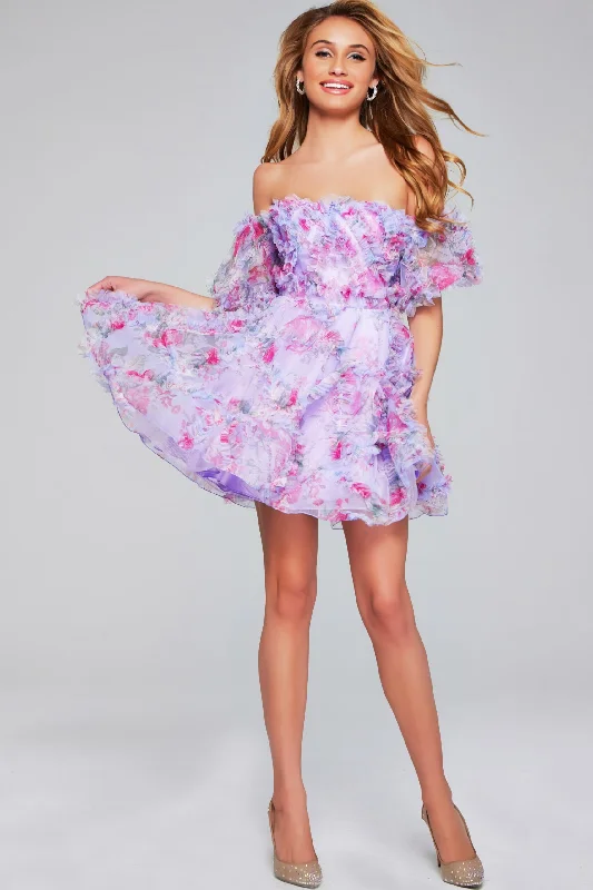 formal dresses with open backs and crisscross straps --Floral Print Short Off Shoulder A-line Dress by Jovani 40330