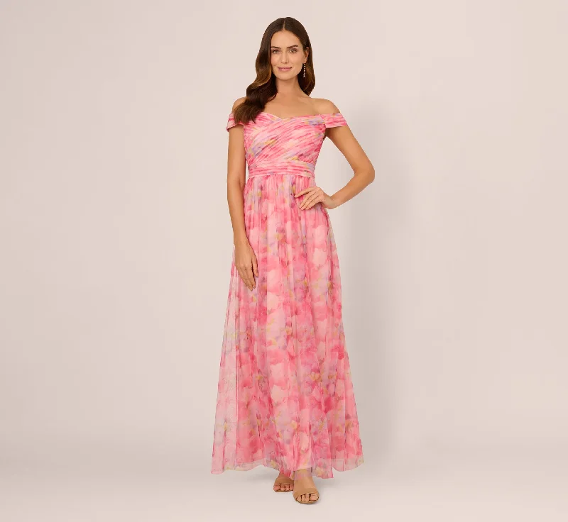 formal dresses with built-in shapewear for smooth figure --Off Shoulder Watercolor Print Tulle Gown In Pink Multi formal dresses with built-in shapewear for smooth figure --Off Shoulder Watercolor Print Tulle Gown In Pink Multi