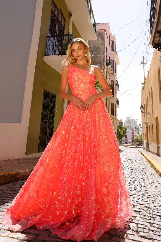 formal dresses with built-in LED lights for evening parties --Sequin Print One Shoulder Ball Gown by Nox Anabel R1305 formal dresses with built-in LED lights for evening parties --Sequin Print One Shoulder Ball Gown by Nox Anabel R1305