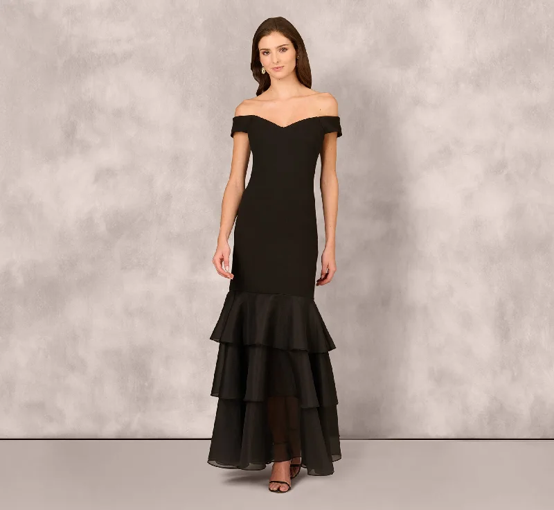formal dresses with built-in bras for added support --Off Shoulder Organza Flounce Mermaid Gown In Black formal dresses with built-in bras for added support --Off Shoulder Organza Flounce Mermaid Gown In Black