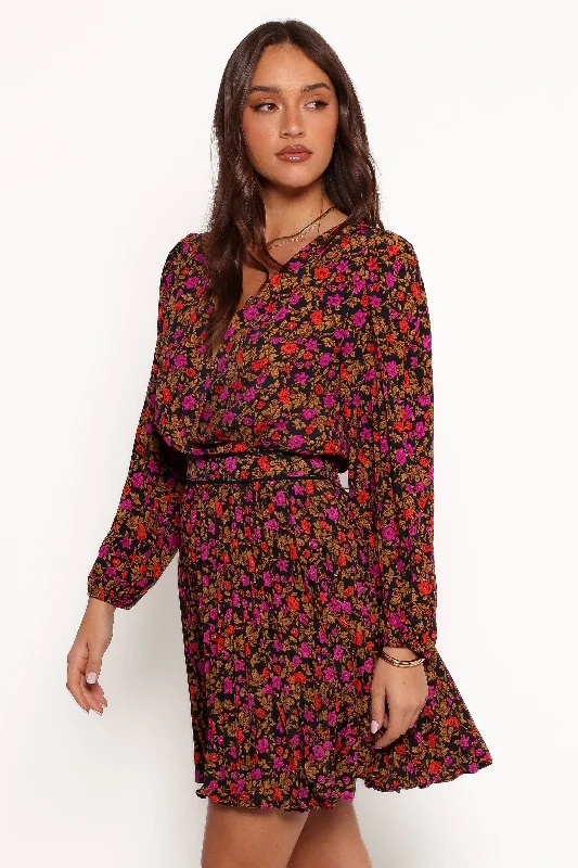 Trendy party dresses with bold prints -Zephyr Long Sleeve Mini Dress - Black Magenta Trendy party dresses with bold prints -Zephyr Long Sleeve Mini Dress - Black Magenta