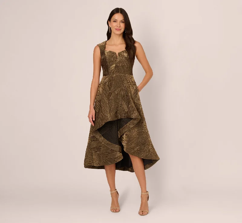Trendy wedding guest dresses with pleated skirts for a polished look -Textured Jacquard High Low Dress With Notched Neck In Metallic Gold Trendy wedding guest dresses with pleated skirts for a polished look -Textured Jacquard High Low Dress With Notched Neck In Metallic Gold