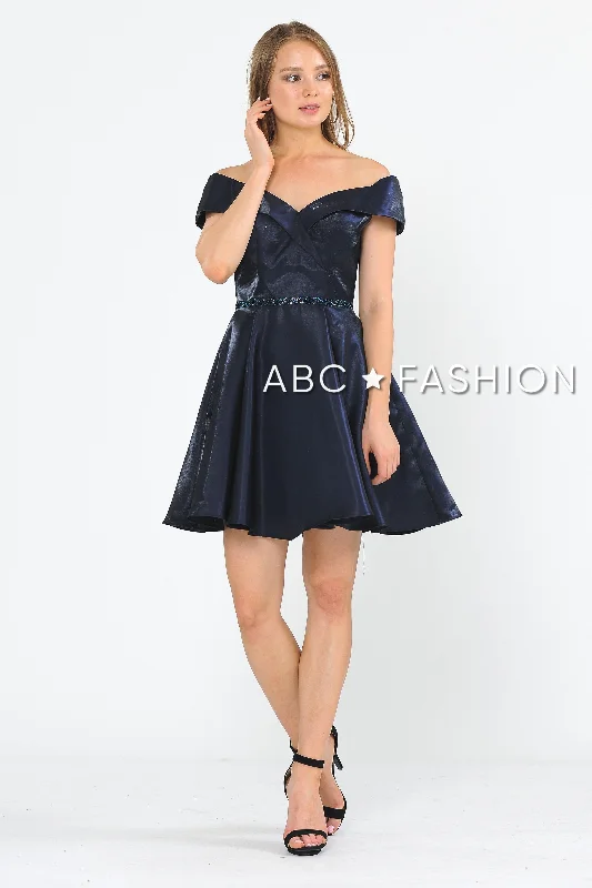 Graduation dresses with an elegant belt for added flair -Metallic Short Off the Shoulder Dress by Poly USA 8238 Graduation dresses with an elegant belt for added flair -Metallic Short Off the Shoulder Dress by Poly USA 8238